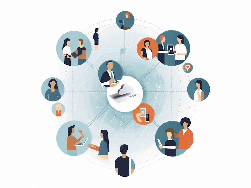Illustration représentant l'essence de vCard, son interface et ses utilisateurs satisfaits.